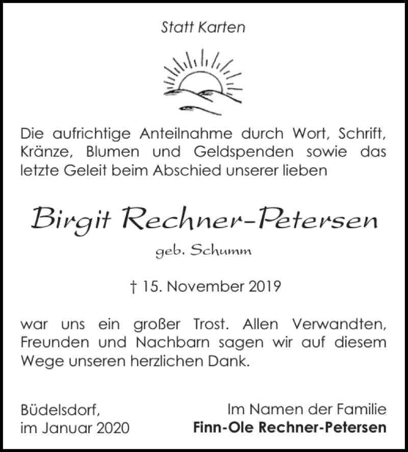  Traueranzeige für Birgit Rechner-Petersen vom 04.01.2020 aus Landeszeitung