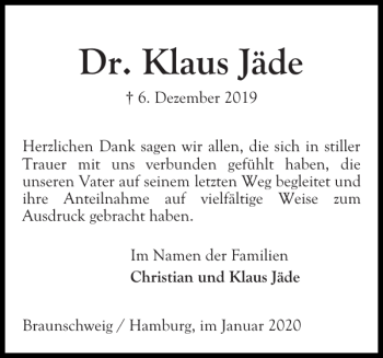 Traueranzeige von Dr. Klaus Jäde von Ostholsteiner Anzeiger