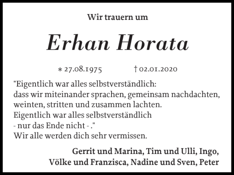  Traueranzeige für Erhan Horata vom 11.01.2020 aus Holsteinischer Courier