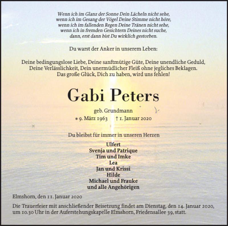  Traueranzeige für Gabi Peters vom 11.01.2020 aus Elmshorner Nachrichten