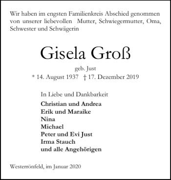 Traueranzeige von Gisela Groß von Landeszeitung