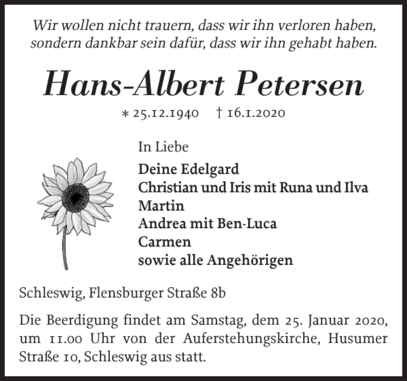  Traueranzeige für Hans-Albert Petersen vom 18.01.2020 aus Schleswiger Nachrichten
