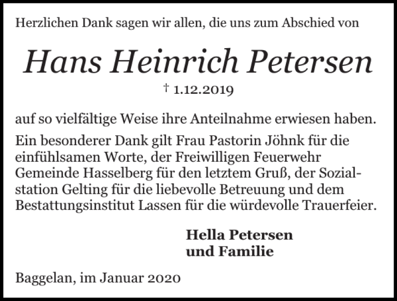  Traueranzeige für Hans Heinrich Petersen vom 08.01.2020 aus Schlei-Bote