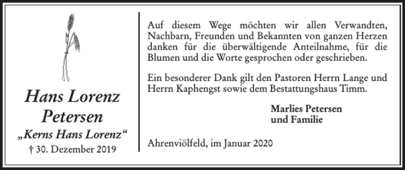  Traueranzeige für Hans Lorenz Petersen vom 31.01.2020 aus Husumer Nachrichten
