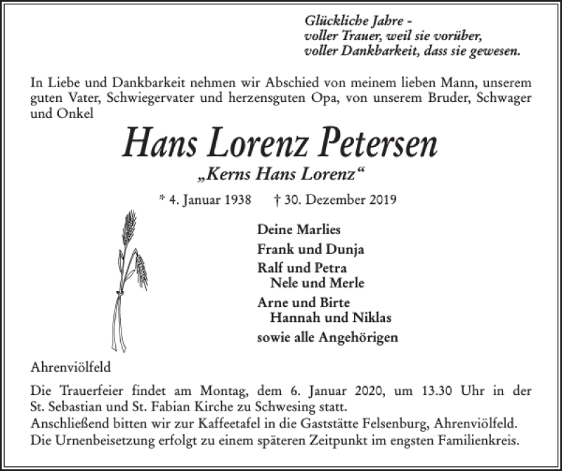  Traueranzeige für Hans Lorenz Petersen vom 02.01.2020 aus Husumer Nachrichten