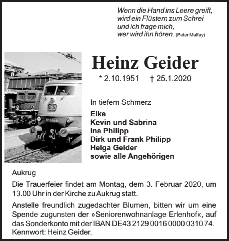  Traueranzeige für Heinz Geider vom 29.01.2020 aus Landeszeitung