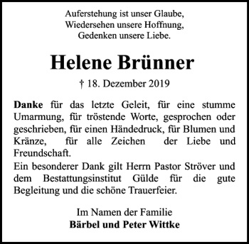 Traueranzeige von Helene Brünner von Stormarner Tageblatt