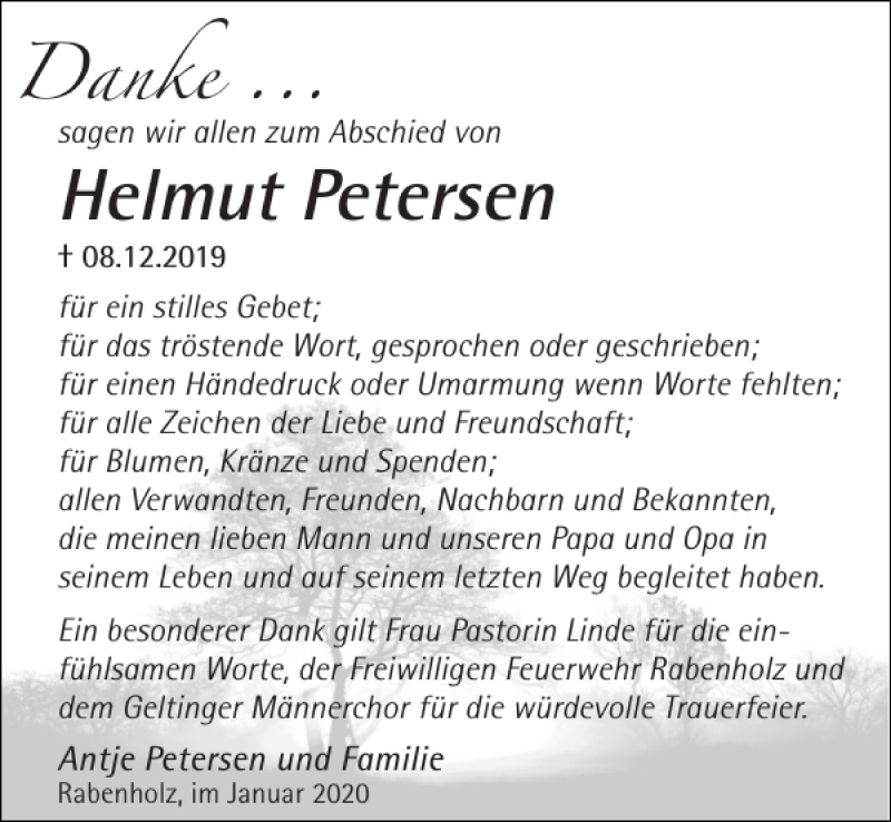  Traueranzeige für Helmut Petersen vom 18.01.2020 aus Flensburger Tageblatt