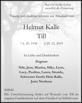 Traueranzeige von Helmut Kalle Till von Stormarner Tageblatt