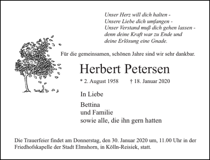  Traueranzeige für Herbert Petersen vom 25.01.2020 aus Elmshorner Nachrichten