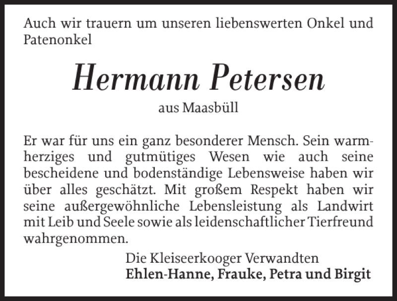  Traueranzeige für Hermann Petersen vom 02.01.2020 aus Nordfriesland Tageblatt