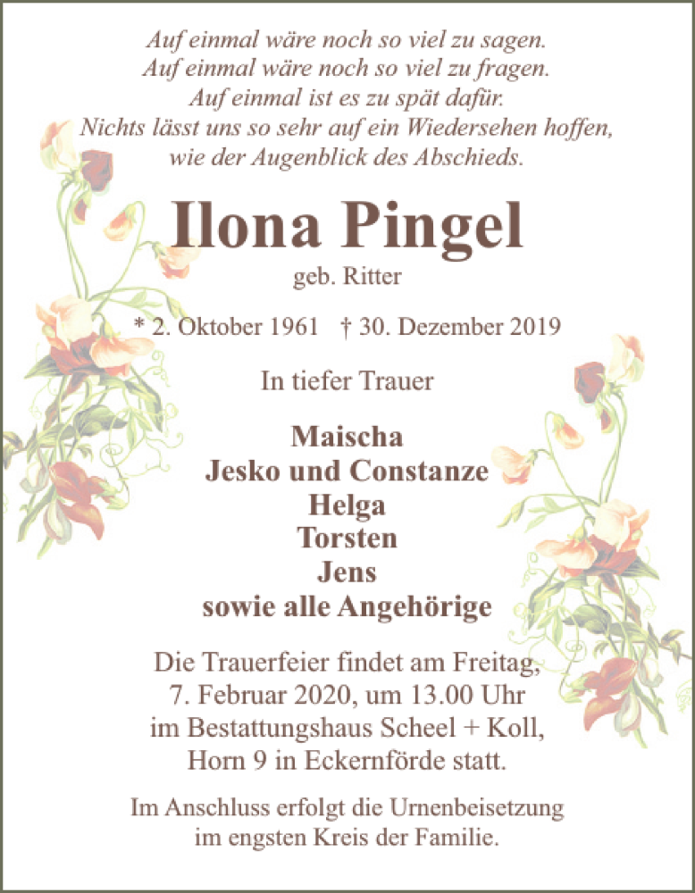  Traueranzeige für Ilona Pingel vom 25.01.2020 aus Eckernförder Zeitung