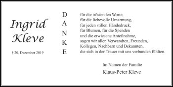 Traueranzeige von Ingrid Kleve von Stormarner Tageblatt