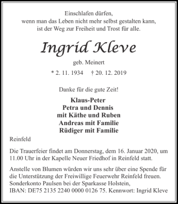 Traueranzeige von Ingrid Kleve von Stormarner Tageblatt