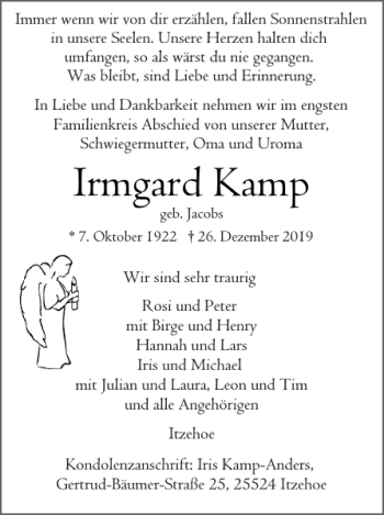 Traueranzeige von Irmgard Kamp von Norddeutsche Rundschau