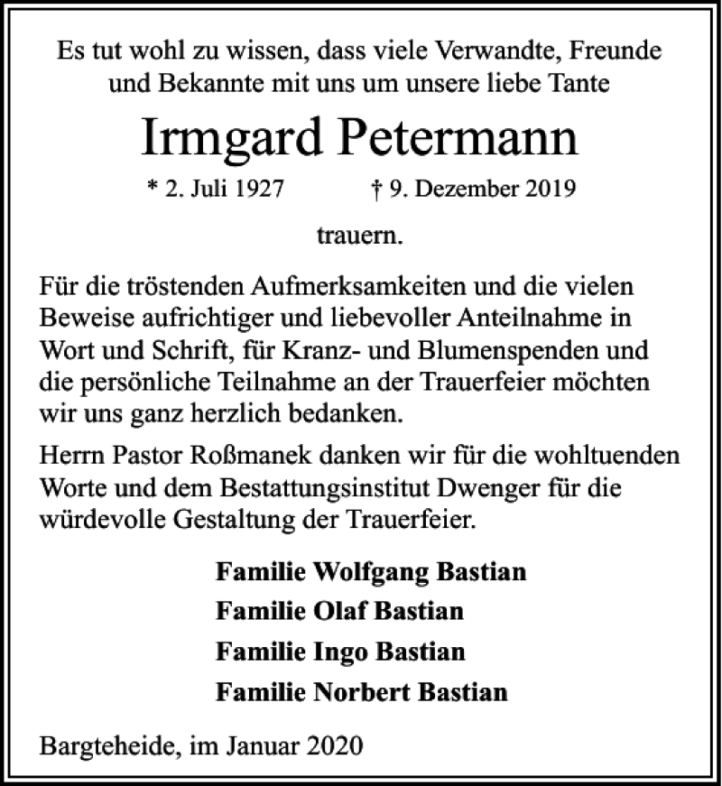  Traueranzeige für Irmgard Petermann vom 18.01.2020 aus Stormarner Tageblatt