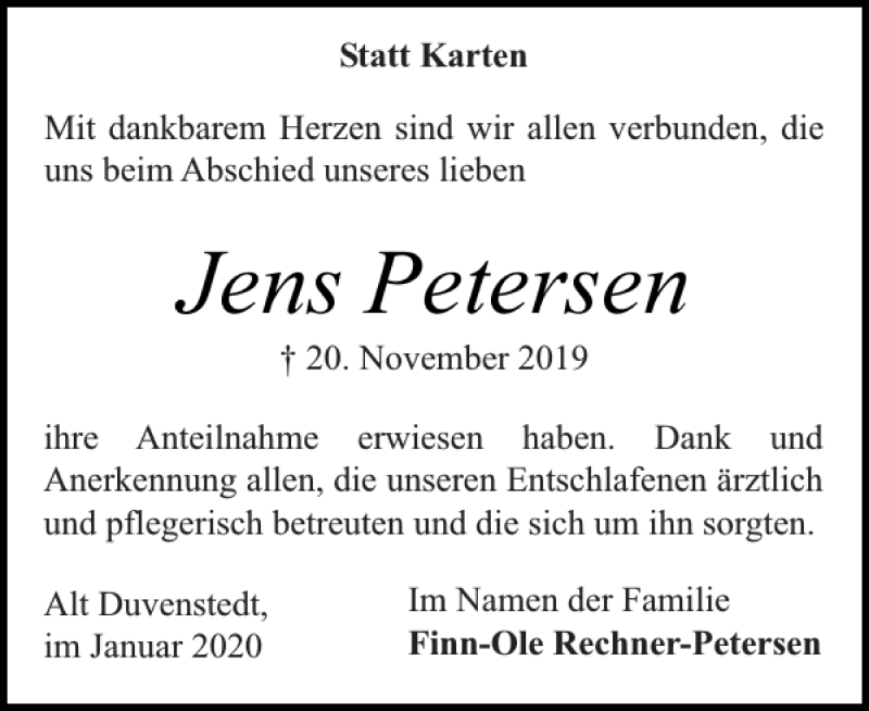  Traueranzeige für Jens Petersen vom 04.01.2020 aus Landeszeitung