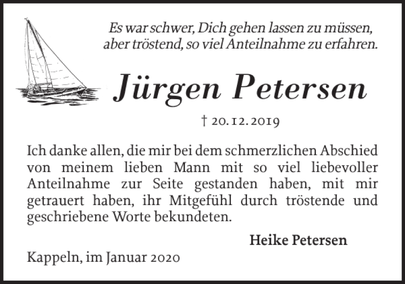  Traueranzeige für Jürgen Petersen vom 11.01.2020 aus Schlei-Bote