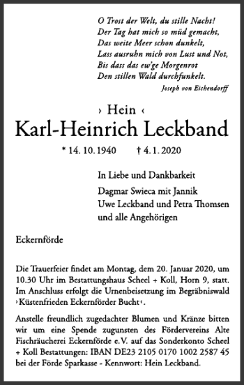 Traueranzeige von Karl-Heinrich Leckband von Eckernförder Zeitung