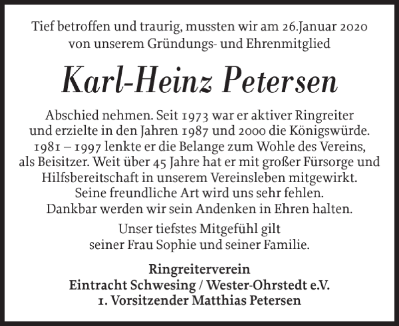  Traueranzeige für Karl-Heinz Petersen vom 30.01.2020 aus Husumer Nachrichten