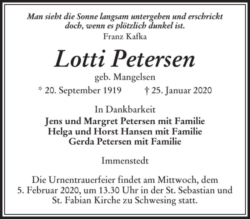  Traueranzeige für Lotti Petersen vom 28.01.2020 aus Husumer Nachrichten