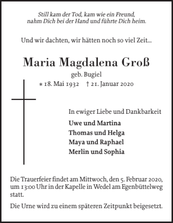 Traueranzeige von Maria Magdalena Groß von Wedel-Schulauer Tageblatt