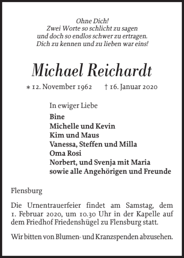  Traueranzeige für Michael Reichardt vom 25.01.2020 aus Flensburger Tageblatt