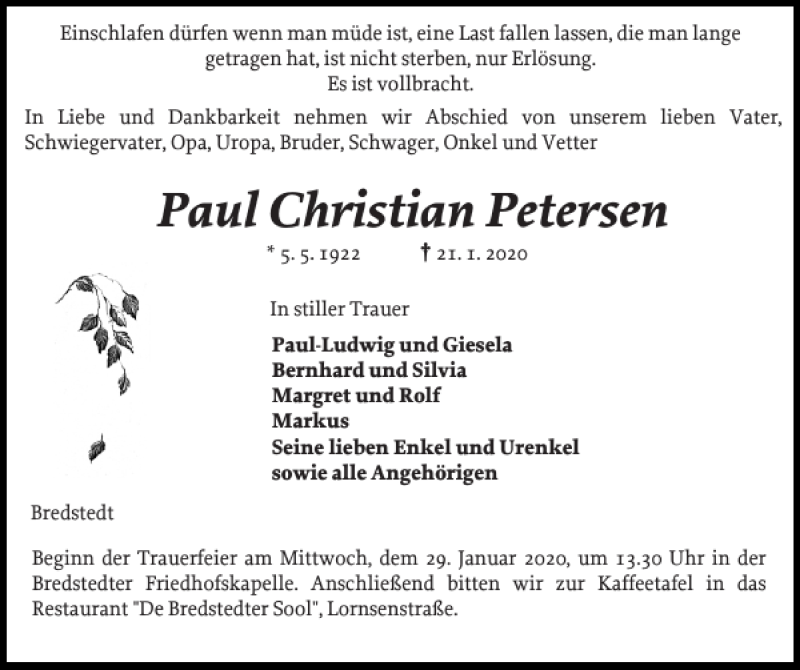  Traueranzeige für Paul Christian Petersen vom 23.01.2020 aus Husumer Nachrichten