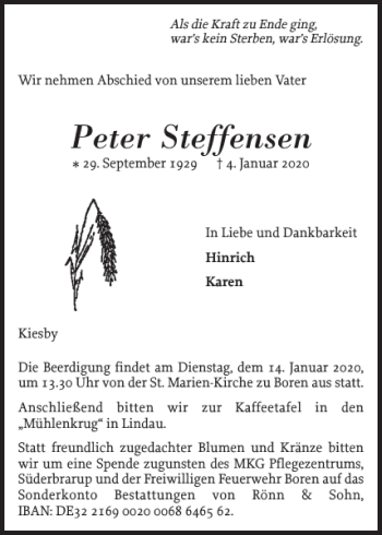 Traueranzeige von Peter Steffensen von Flensburger Tageblatt