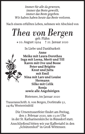 Traueranzeige von Thea von Bergen von Landeszeitung