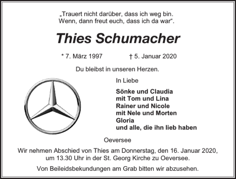  Traueranzeige für Thies Schumacher vom 09.01.2020 aus Flensburger Tageblatt
