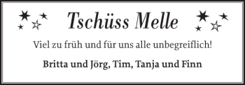 Traueranzeige von Tschüss Melle von Landeszeitung