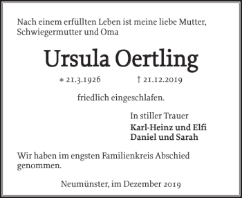 Traueranzeige von Ursula Oertling von Holsteinischer Courier