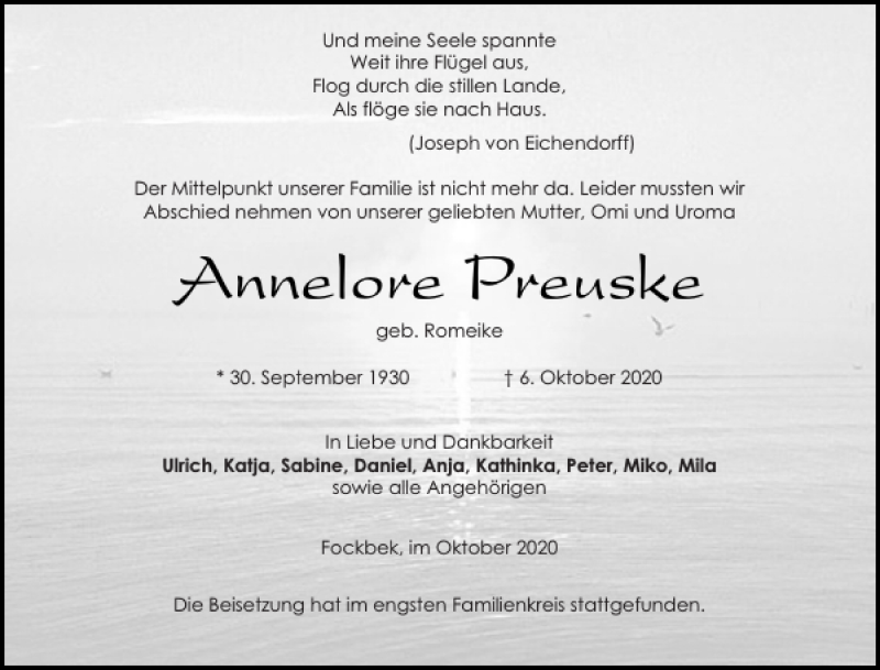  Traueranzeige für Annelore Preuske vom 17.10.2020 aus Landeszeitung