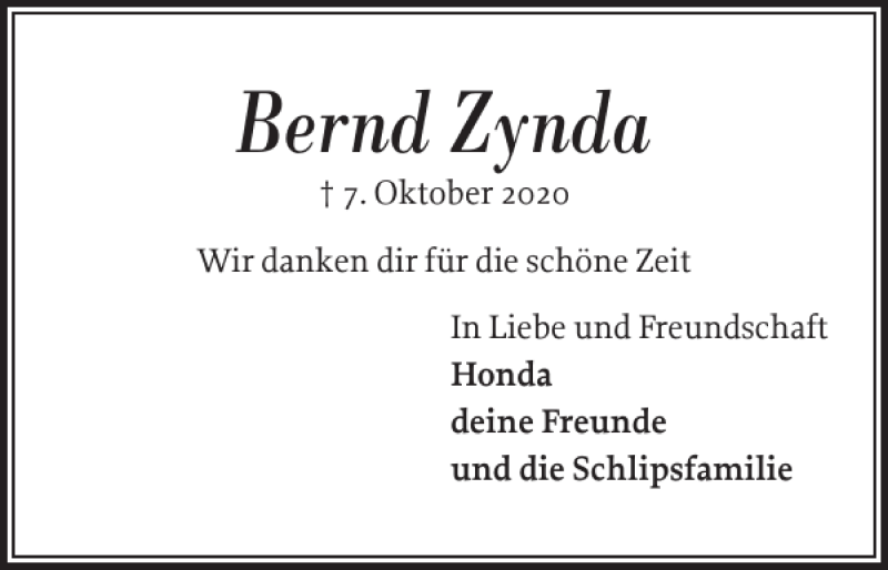 Traueranzeige für Bernd Zynda vom 24.10.2020 aus Flensburger Tageblatt