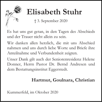 Traueranzeige von Elisabeth Stuhr von Pinneberger Tageblatt
