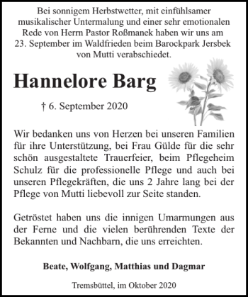 Traueranzeige von Hannelore Barg von Stormarner Tageblatt