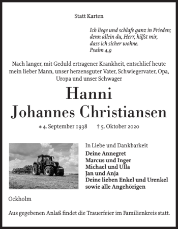 Traueranzeige von Hanni Johannes Christiansen von Husumer Nachrichten