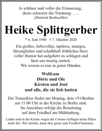 Traueranzeige von Heike Splittgerber von Eckernförder Zeitung