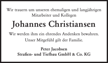 Traueranzeige von Johannes Christiansen von Nordfriesland Tageblatt