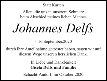 Traueranzeige von Johannes Delfs von Landeszeitung