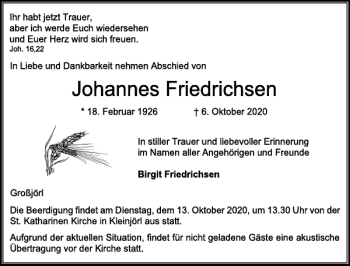 Traueranzeige von Johannes Friedrichsen von Flensburger Tageblatt