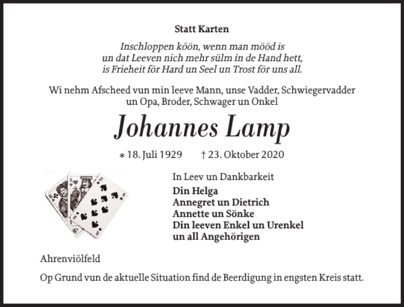  Traueranzeige für Johannes Lamp vom 28.10.2020 aus Husumer Nachrichten