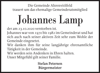 Traueranzeige von Johannes Lamp von Husumer Nachrichten