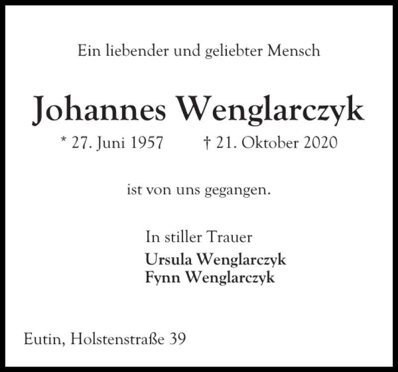  Traueranzeige für Johannes Wenglarczyk vom 30.10.2020 aus Ostholsteiner Anzeiger