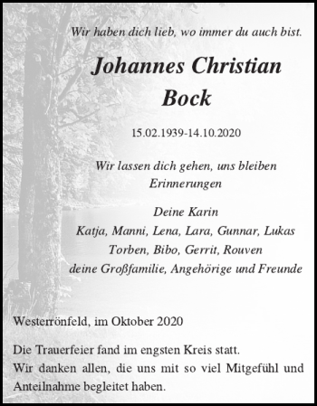 Traueranzeige von Johannes Christian Bock von Landeszeitung