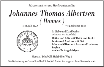 Traueranzeige von Johannes Thomas Albertsen von Husumer Nachrichten