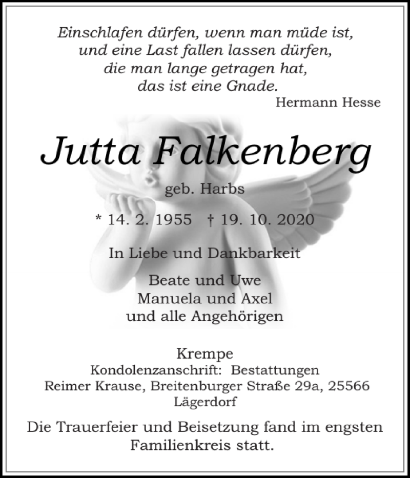  Traueranzeige für Jutta Falkenberg vom 30.10.2020 aus Norddeutsche Rundschau