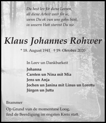 Traueranzeige von Klaus Johannes Rohwer von Landeszeitung