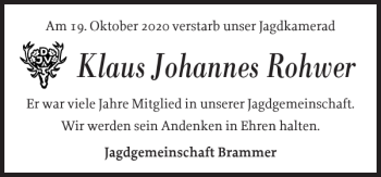Traueranzeige von Klaus Johannes Rohwer von Landeszeitung